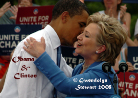 Photograph of Senators Barack Obama (D-Illinois) and Hillary Clinton 
(D-NY) in Unity, New Hampshire, June 27, 2008, by GWENDOLYN STEWART c. 2009; 
All Rights Reserved