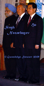 Indian Prime Minister Manmohan Singh, Kazakhstan President Nursultan Nazarbayev, 
and Chinese President Hu Jintao Photographed by Gwendolyn Stewart, c. 2009; All 
Rights Reserved