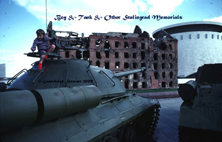 Photograph of BOY & TANK & Other World War II BATTLE OF STALINGRAD 
MEMORIALS, Volgograd, Russia, by GWENDOLYN STEWART, c. 2009; All Rights 
Reserved